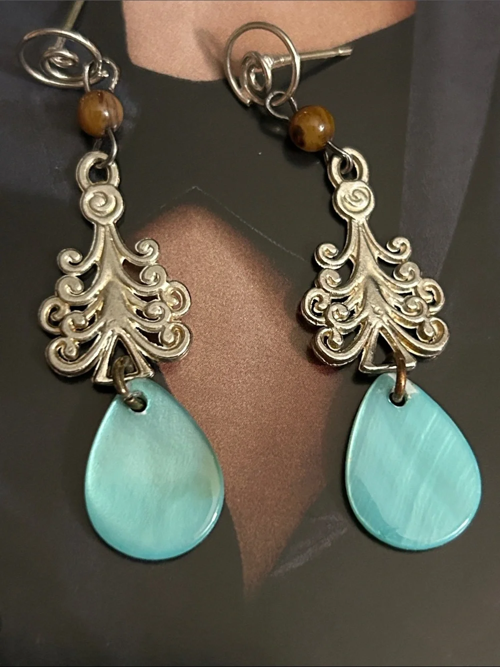 Vintage  Turquoise Teardrop Filigree Dangle Earrings with Brown tiger eyes